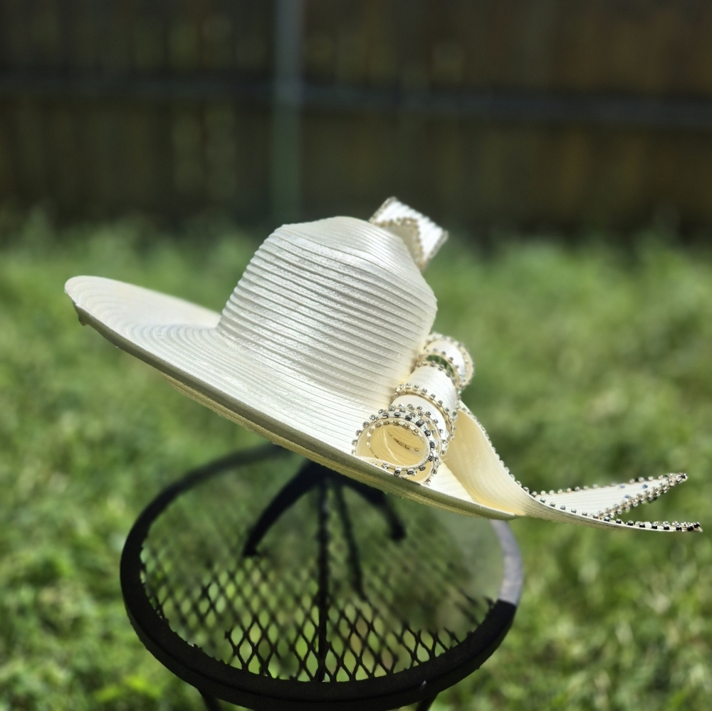 Ivory Women's Hat Rhinstone Pin Ribbon Church Derby Tea Summer Wedding Wide Brim - Picture 6 of 13